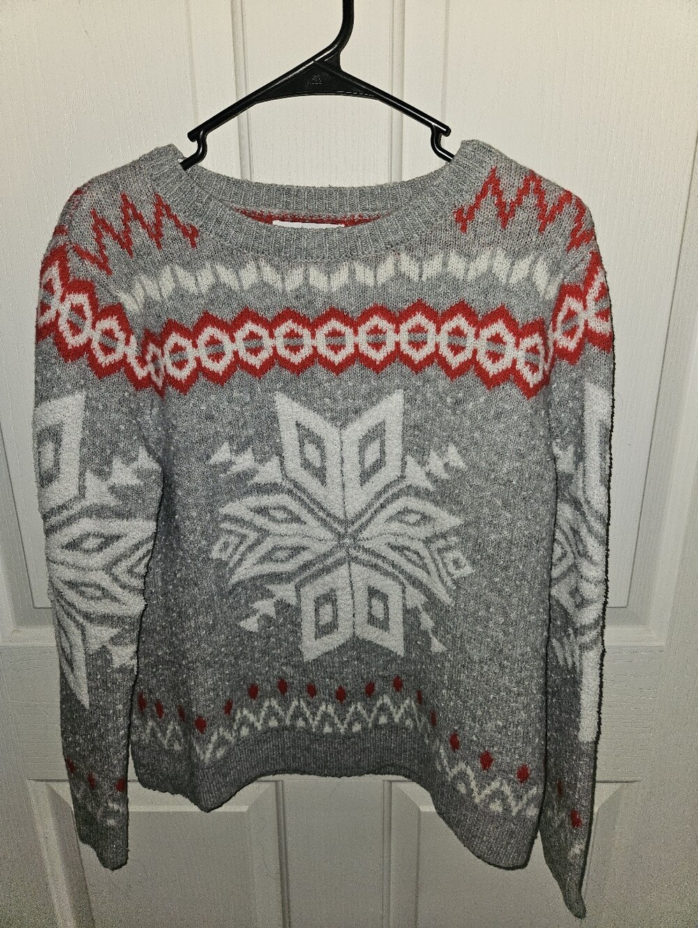 cupcakes & cashmere Gray Crewneck Sweater with Red & White Fair Isle